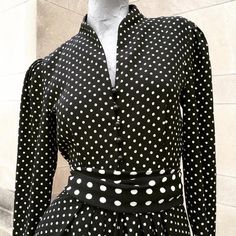 Vintage Polka Dot Long Sleeve Dresses, Vintage Long Sleeve Polka Dot Dress, Fitted Polka Dot Dress For Daywear, Fitted Polka Dot Vintage Dress, Retro Polka Dot Workwear Dresses, Retro Polka Dot Dress For Work, Retro Polka Dot Dress For Daywear, Retro Polka Dot Day Dresses, Vintage Polka Dot Dress For Daywear