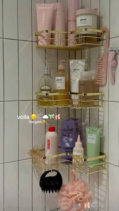 a bathroom shelf filled with personal care items next to a white tiled wall and floor