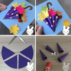 four pictures showing how to make an umbrella out of construction paper with scissors and glue