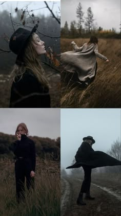 four different pictures with one woman in black and the other is wearing a hat, coat, and scarf