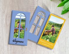 two cards with the words weymns on them and an image of a window