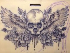 a drawing of a skull with wings and roses on it's chest is shown