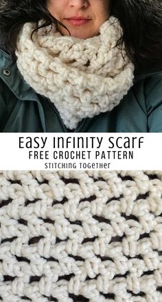 an easy crochet scarf is shown with the text