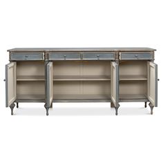 the sideboard has two open shelves and one closed shelf with doors on both sides