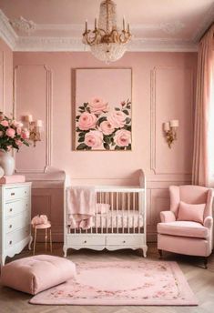 a baby's room with pink furniture and flowers on the wall, chandelier