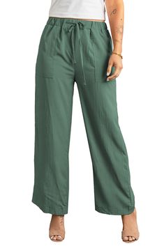 Green Drawstring Waist Crinkled Wide Leg Pants White Kicks, Tie Waist Pants, Solid Color Pants, Laid Back Style, Women's Wardrobe, Lounge Pants, Green Fashion, Fall Autumn, Bottoms Pants