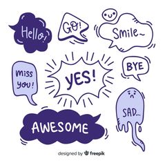 hand drawn speech bubbles with the words hello, smile and yes