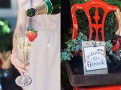 a woman pouring champagne into a glass next to a red chair with a sign on it