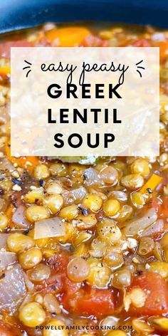 a blue bowl filled with lentil soup on top of a wooden table next to a white sign that says easy peasy greek lentil soup