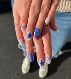 Fun Cute Nails, Paislee Nelson Nails, Blue Summer Nails Short, Gel X Summer Nails, Mail Inspo 2024 Summer, Blue Gel X Nails, Fun Nails Designs, Different Design On Each Nail, Summer Nails At Home