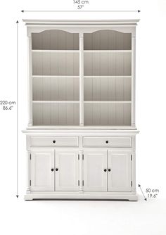 a white bookcase with two doors and three drawers on the bottom, measurements for each shelf