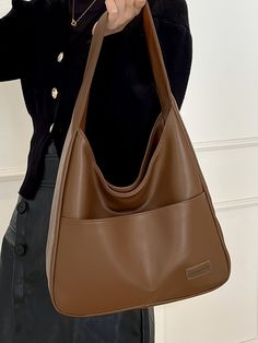 Brown Elegant Collar  PU Leather Letter Hobo Bag Embellished   Women Bags Brown Leather Purse, Hobo Bag Outfit, Soft Leather Bag, Hot Bags, Money Bag, Leather Hobo