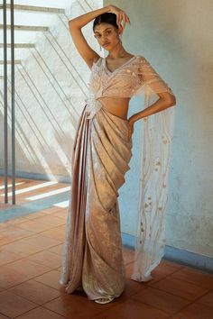 Beige cut-out saree gown with sequin-bead embellished applique motifs, sheer drape and shimmer patterns. - Aza Fashions Draped Saree Gown, Gown Saree, Saree Gowns, Net Embroidery, Draped Saree, Classy Suits, Gown For Women, Saree Gown, Outfit Wedding