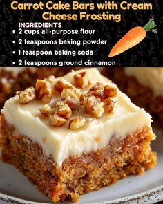 carrot cake bars with cream cheese frosting on a white plate and text overlay reads carrot cake bars with cream cheese frosting