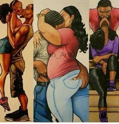 three different colored pictures of people hugging each other