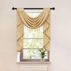 a window with curtains and a potted plant