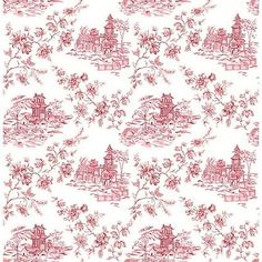 a red and white wallpaper with pink flowers on the bottom half of it, and a castle in the middle