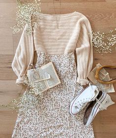 #fashion #spring #tan #beige #floral #converse #sweater Mary Cooper Outfits, Cute Simple Church Outfits, Homesteading Outfits, Np Outfits, June Vibes, Mission Fits, Beige Mom, Theater Camp, Feminine Summer Outfits