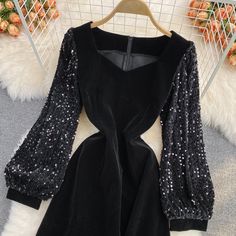 Materials: other Size: s, m, l Color: Black Sequin Short Dress, Short Dress Styles, Sequin Shorts, Bubble Sleeve, Split Dress, Dress Fabric, Medium Length, Square Neck, Victorian Dress