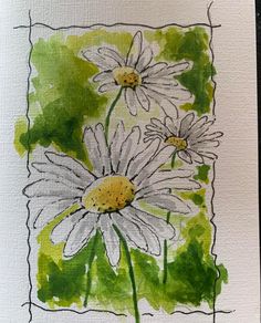 watercolor painting of daisies on white paper with green and yellow colors in the background