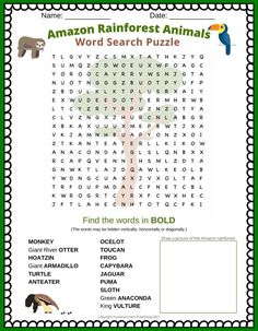 an animal word search is shown in this image