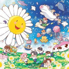 an image of cartoon characters with flowers and bubbles in the sky above them, as well as clouds