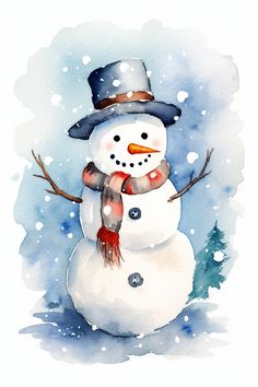 a watercolor painting of a snowman wearing a hat and scarf