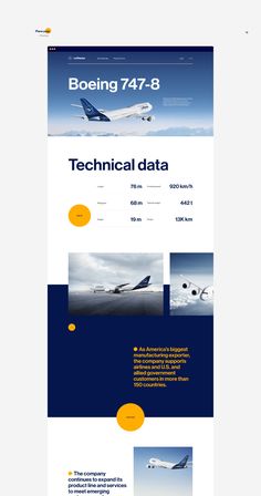 the landing page for boeing 747 - 8 is shown in blue and yellow, as well as