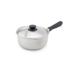 a stainless steel pan with a black handle and lid on a white background, it is also used for cooking