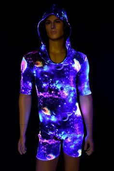 Mens UV Glow Galaxy Tee Length Sleeve Hoodie Romper w/Black Zen Hood Liner Party Animal Festival Rav Fitted Graphic Print Hoodie, Fitted Graphic Print Hoodie Top, Hoodie Romper, Mens Hoodies, Party Animal, Galaxy Print, Olive Branch, Animal Party, Comfy Tees