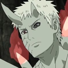 an anime character with white hair and horns on his head, staring at the camera