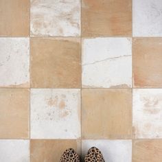 a pair of leopard print shoes sitting on top of a tiled floor