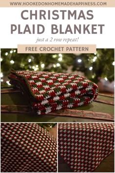 a crocheted christmas plaid blanket with text overlay