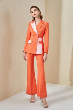 Elegant Coral Color Block Flare Pantsuit Description: Peak lapels; front button blazer V-Neck, Long sleeves; button sleeves Structured shoulders. Chest welt pockets. V-Neck, Long sleeves; buttons Structured shoulders. Hip flap pockets Polyester 100% Imported Brand - Aision Model Number - 221017C1+P6 Front Shop, The Coral, Blazer Buttons, Coral Color, Welt Pockets, Flap Pocket, Welt Pocket, Double Breasted, Color Block