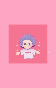 an anime character with purple hair and blue eyes, wearing a t - shirt that says hero