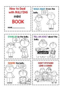 This book on bullying can be used in the lower grades as a guide to dealing with a bully. The book is in simple text, has pictures that help support emergent readers, and is easy to follow. Students will cut out and color the mini book and use it for reference when encountering bullying as either a victim or bystander. The book is a good way to introduce bullying and how to deal with the situation. The book is by Buckeye School Counselor and is available on teacherspayteachers.com for $2. Bully Prevention, Toddler Speech, Pack Meeting, Safe Internet, Social Skills Groups