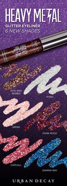 All the glitz of glamrock (without the spandex or bad hair). Heavy Metal Glitter Liner in shades (left to right): Punk Rock, Gamma Ray, Pyro, Grind, Midnight Cowboy, ACDC, Stix and Bones, Distortion, Catcall, Glamrock, and Spandex. ⚡️✨ #UrbanDecay Glitter In Hair, Sparkle Eyeliner, Urban Decay Vice Lipstick, Gamma Ray, Midnight Cowboy, Glitter Liner, Urban Decay Cosmetics, Makeup Glitter, Makeup News