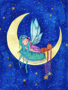 a painting of a fairy sitting on the moon with stars and a cat in her lap