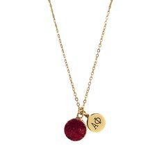 PRICES MAY VARY. STUNNING & STYLISH SORORITY NECKLACE: Your search for a beautiful sorority necklace ends here. Our Alpha Phi jewelry features a lovely little disc pendant with AP engraved alongside a red druzy gemstone for good luck and good vibes. AP SISTERHOOD SORORITY GIFT: Solidify your sisterhood with this beautiful AP necklace. It is a perfect sorority gift for women for bid day, graduation, and other special occasions. Wear it with pride and add an elegant, stylish touch to your daily fa Adjustable Red Personalized Necklace, Red Initial Pendant Jewelry As A Gift, Red Initial Pendant Jewelry Gift, Red Initial Pendant Jewelry For Gift, Personalized Red Round Pendant Charm Necklaces, Sorority Necklace, Sorority Merchandise, Engraved Pendant, Alpha Phi