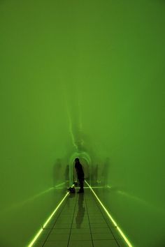 a person standing in a green tunnel with luggage