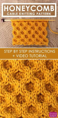 the honeycomb cable knitting pattern is shown with text that reads, step by step instructions and