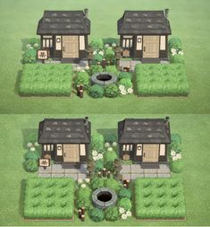 three different views of a small house in the grass