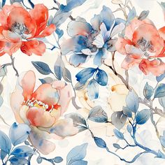 watercolor painting of flowers and leaves on a white background with blue, red and orange colors