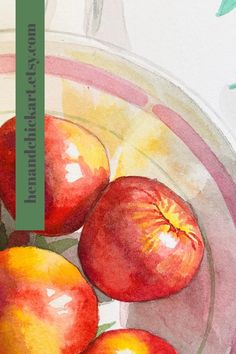 watercolor painting of three apples in a bowl