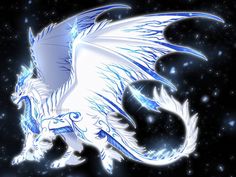 a white dragon with blue wings flying through the air in front of some snowflakes