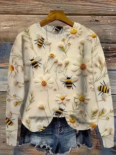 Plus Size Women's Crew Neck Long Sleeve Printed Pattern Knit Pullover Sweater Apricot Casual  Long Sleeve Knitwear Animal,Floral,Plants Pullovers Medium Stretch  Women Plus Clothing, size features are:Bust: ,Length: ,Sleeve Length: Bee Embroidery, Bee On Flower, Yellow Sweatshirt, Bee Print, Mua Sắm, Fabulous Fashion, Dog Print, Knitted Pullover Sweaters, Knitwear Women