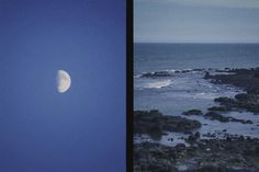 the moon is seen in two different pictures, one with an image of water and rocks