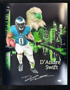 Welcome to Carl's Cards & Collectibles' eBay Store! This is a great item for Philadelphia Eagles NFL Football fans and collectors!  It's a genuine guaranteed authentic autographed 16" x 20" photo of D'Andre Swift!  This item has a JSA WITNESS AUTHENTICATION sticker and card.  PLEASE NOTE THE SIZE OF THE PHOTO IS 16" x 20"!  It's signed in silver sharpie and is gorgeous.  The photo you see in the picture is the one you will get if you win.  This is not a reprint.  Carl's Cards is a Sports Memorabilia store in the Philly area that holds public autograph signings with many current and retired players from all sports, so you can bid with confidence.  Check us out on google!  The shipping for this item (shipped in a mailing tube) is FREE!   Thanks for checking us out. Philadelphia Eagles Art, Nfl Photos, Eagles Nfl, Football Photos, Nfl Players, All Sports, Football Fans, Nfl Football