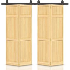 two wooden doors with black handles on each side