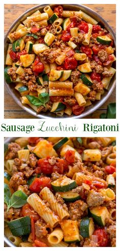 two pictures of different types of pasta and vegetables in a pan with the same ingredients